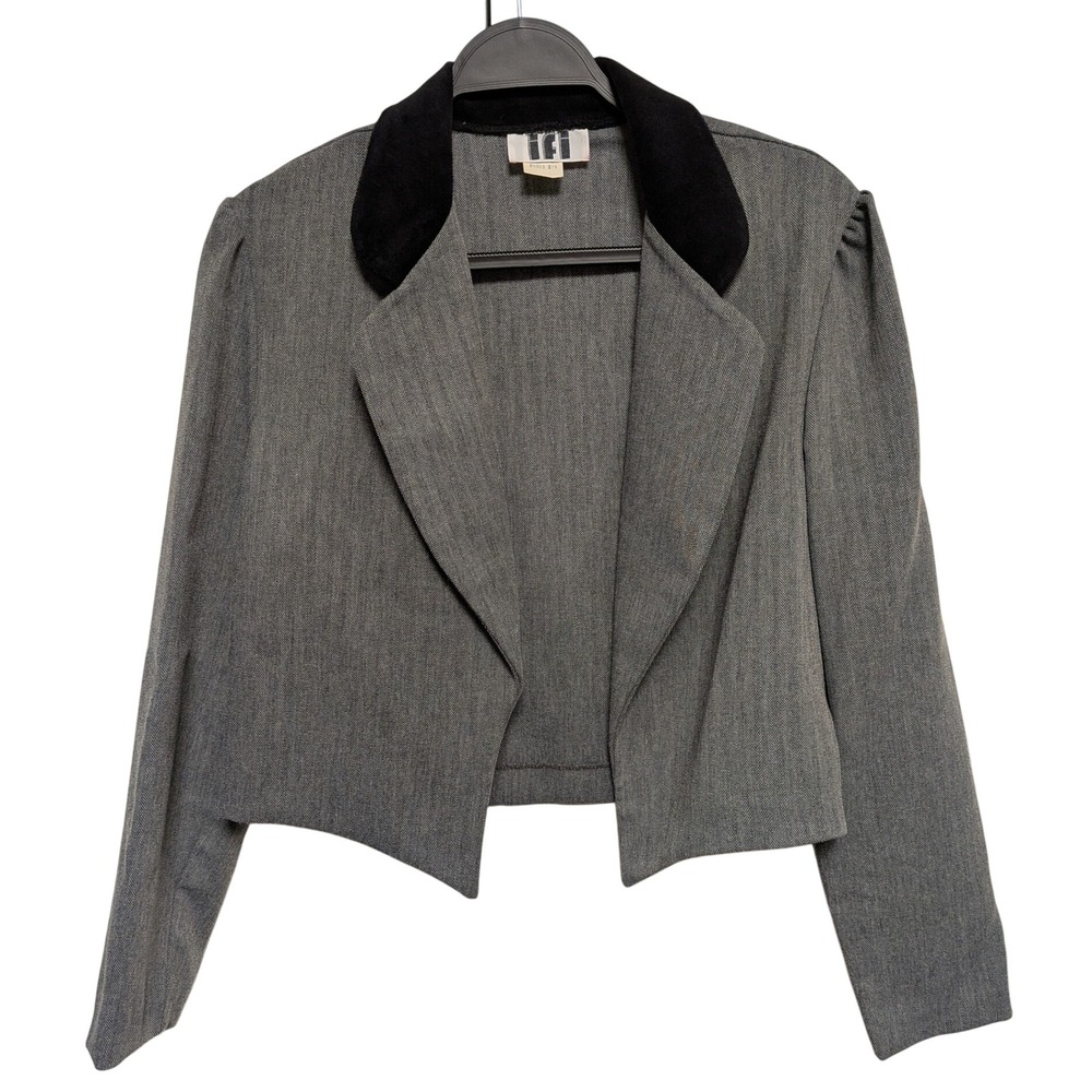 IFI Vintage Cropped Blazer 14 Gray Herringbone Velvet Collar 80s Dark Academia
